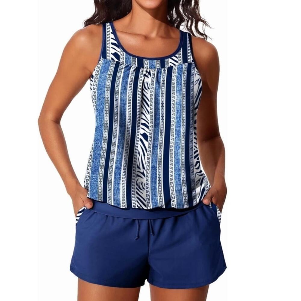 NWT ~ Women's Blue & White Tankini Swimsuit Set Tank Shorts Pockets Brief ~ XL